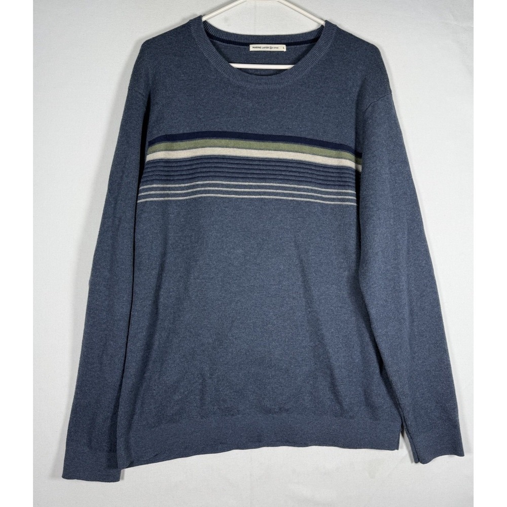 Marine Layer Sweater Large Blue Striped Organic Cotton Blend Crewneck Pullover
